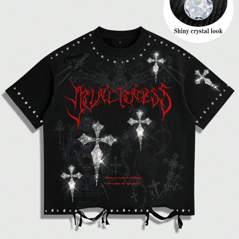 Unisex loose-fit cotton T-shirt featuring a red Gothic-style cross print with rhinestone trim, a subtle religious cross pattern, and a distressed, shredded hem; a casual, short-sleeved streetwear staple with a crew neck; Graphic Tee Top; Tops