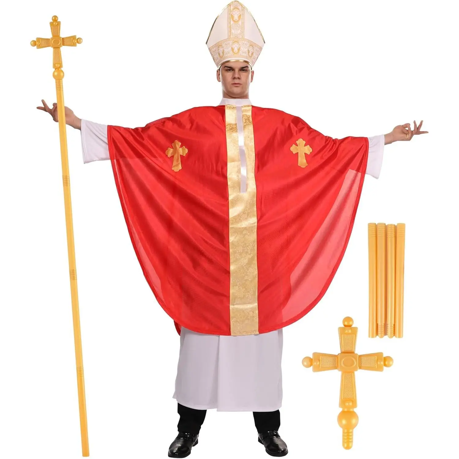 Men's Pope Costume 4-Piece Set with White Robe, Red Poncho, Miter Hat & Golden Staff | Clergy Priest Outfit for Halloween, Church Plays, Biblical Pageants, Theme Parties, Stage Performances & Costume Events(Gift)