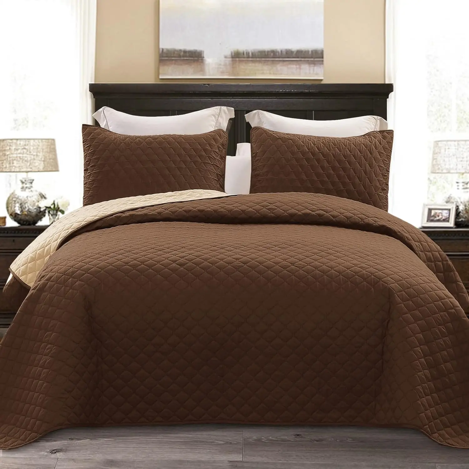 Reversible Full Queen Bedding Set, Chocolate Brown| Lightweight Bedspreads with 2 Pillow Shams, Soft Microfiber, All Season Bed Coverlets for Bedroom Guest Room, 90x96 Inch