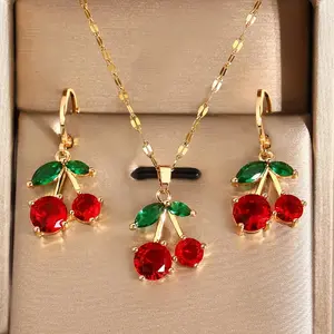 A Set of Cute-style Necklace and Earrings Featuring Exquisite Red Cherry Designs. These Light Luxury, Elegant, and Fashionable Jewelry Accessories Are Perfect for Gifting, Daily Wear, Gatherings, Parties, and Holiday Celebrations