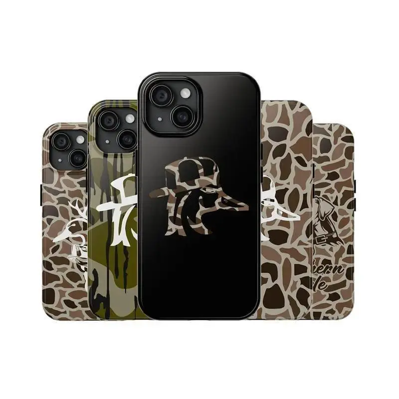 Retro camouflage black hard-shell phone case with red-necked duck pattern, compatible with iPhone 11–17 Pro Max/Plus series and Samsung Galaxy S23–S25 series.