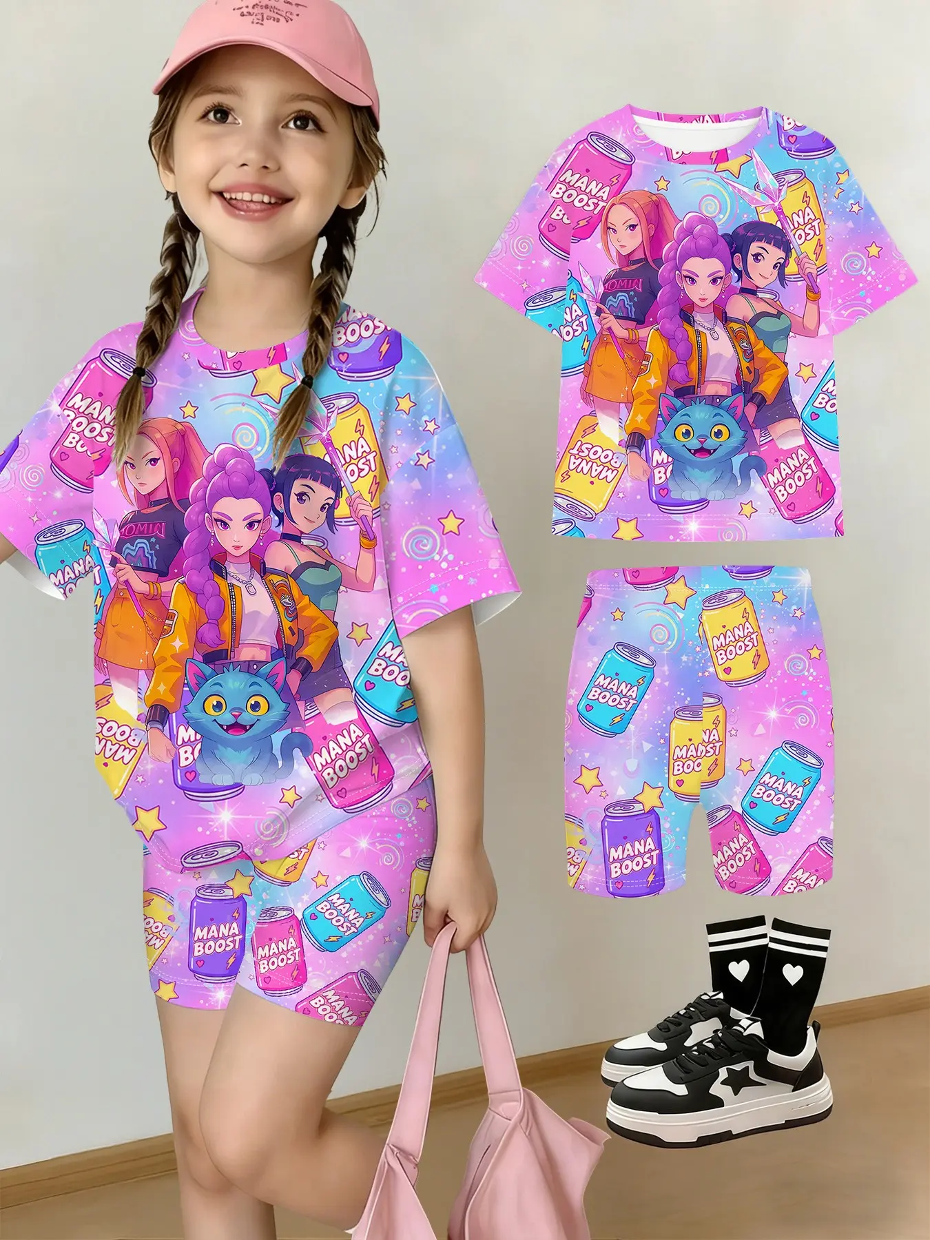 Girls' Summer Group Series T-Shirt and Shorts Matching Set, Gradient Soda Can Cute Cat Full Print Cartoon Design, Casual Streetwear, Graphic Print Set, Outdoor Gift