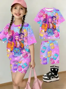 Girls' Summer Group Series T-Shirt and Shorts Set, Gradient Soda Can Cute Cat Full Print Cartoon Design, Casual Streetwear, Outdoor Gift