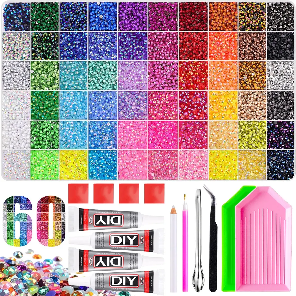1Set RAINBOW-60 Colors 3mm Semi-circular Nail Rhinestones for Bedazzling Kit,3D Multi-colors Dazzling Jelly Flatback Resin Diamond Art Crystal Gems Nail Charms for DIY Book Phone Case Glasses Nail Accessories