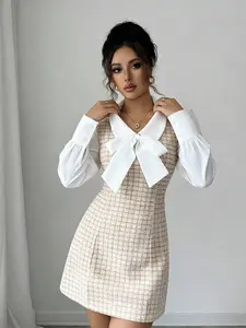 A women's fashionable apricot white color blocked coarse tweed bow dress, the coarse tweed adds texture, and the bow adds sweetness, suitable for commuting to work, shopping and playing indoors and outdoors