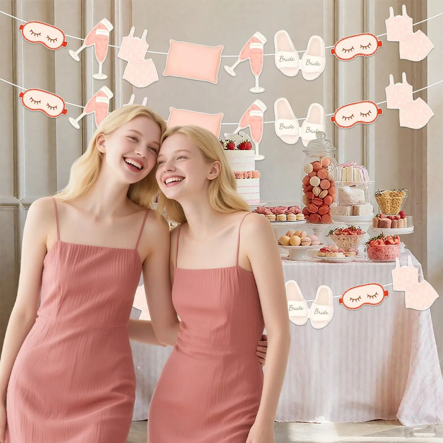 Female 3-Pcs Blush Pink Cocktail Pajama Eye Mask Banner Garland - Reusable Festive Party Backdrop Supplies, Gifts for Child Sleepovers, Birthday Celebrations, Happy Birthday