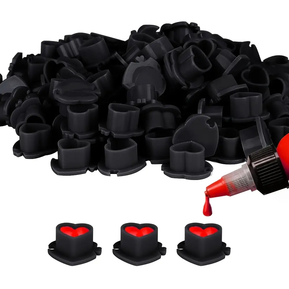 50-Pack Black Heart-Shaped Polypropylene Cosmetic Tattoo Ink Plastic Cups - Stable Base, Bulk Set, Fill Then Use, All-Level Artist Supply, Transfer Paper Compatible, Unisex Capybara Skeleton Rose Bag, Travel Spray Bottle