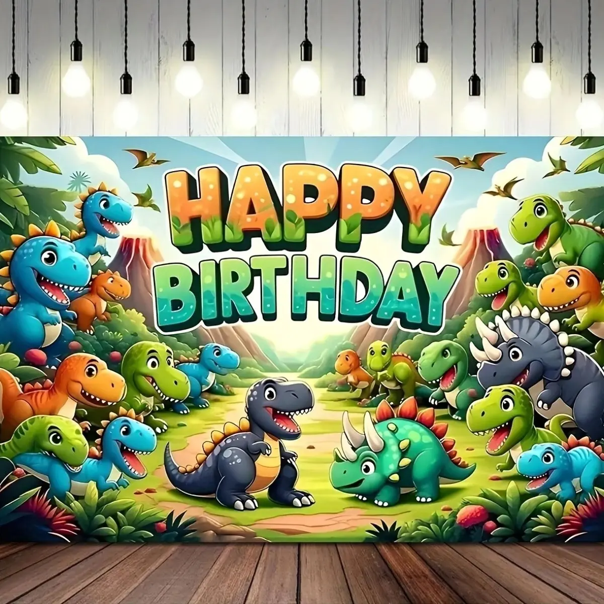 Dinosaur Theme Birthday Backdrop, Happy Birthday Slogan, Fun Cute Dinosaur Elements, Party Photo Props, Party Decoration, 150x100cm, Polyester Material