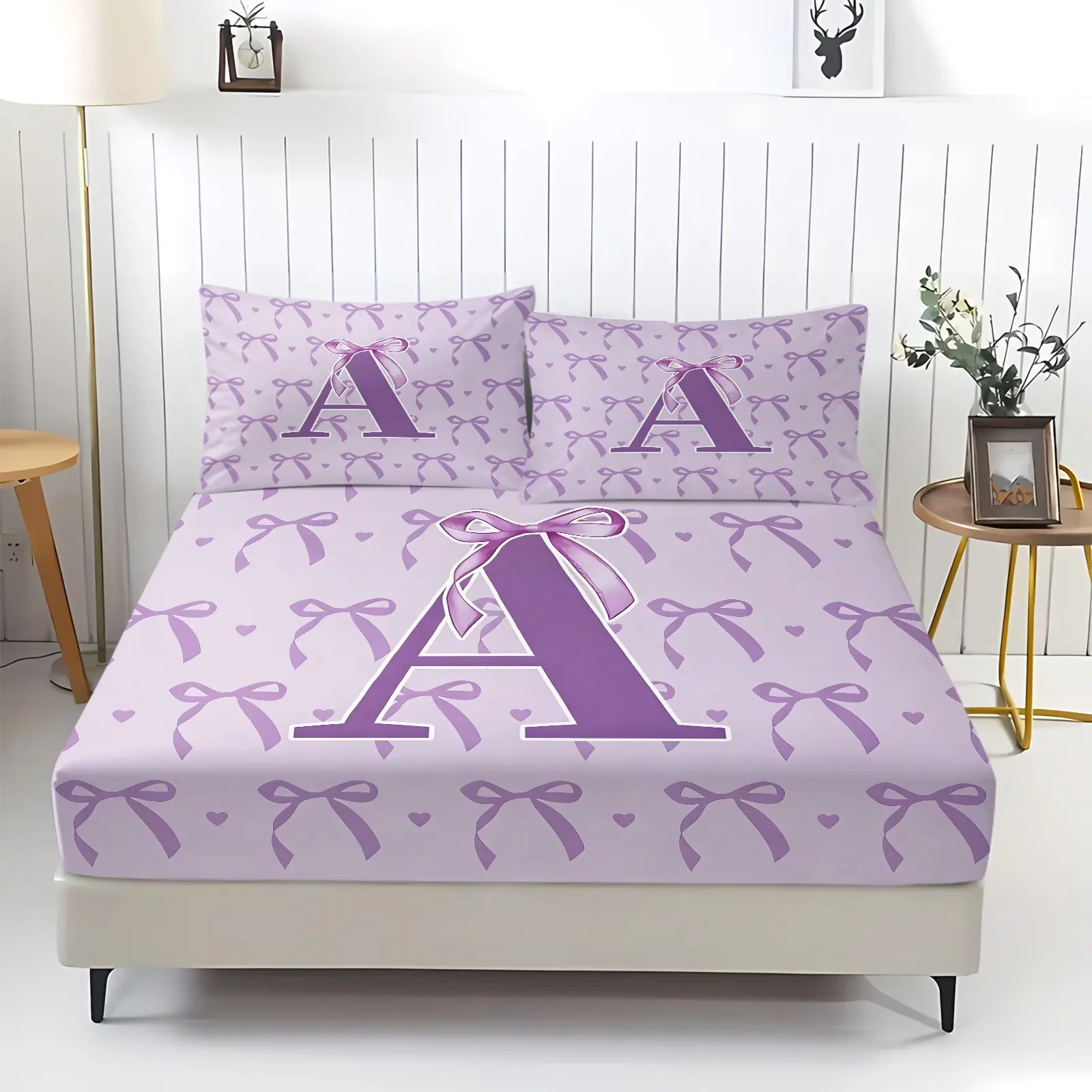 3Pcs Purple Bow and Letter Art Print Fitted Sheet Set, With Elastic Four Sides to Maintain Its Shape Even After Long Use, Breathable and Skin-Friendly Fabric, Girly Style Bedroom, Dormitory, and Apartment All-Inclusive Bedding Sets