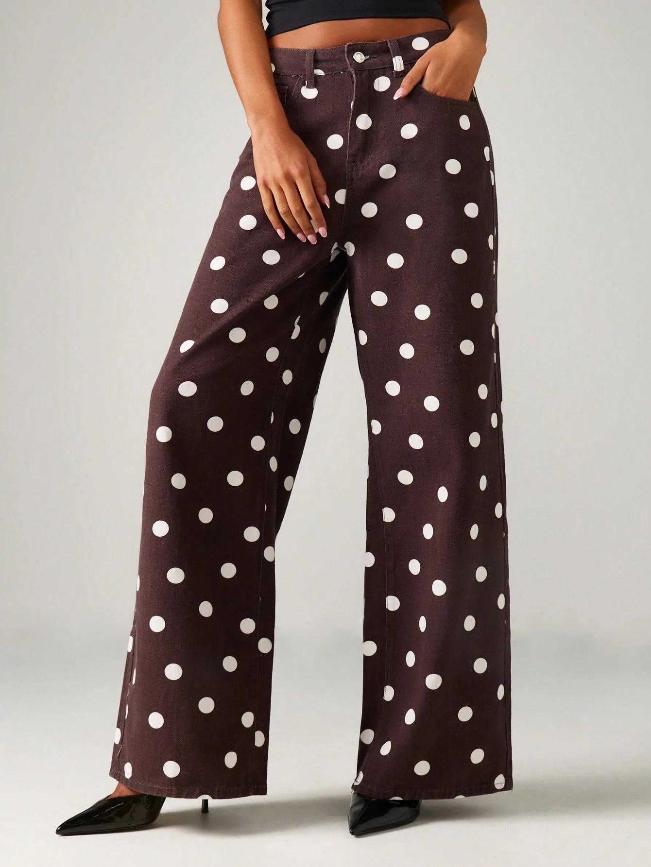 Women's Casual High-Waisted Stretch Polka Dot Straight-Leg Jeans with Pocket, High Waisted Retro Style Jeans, casual and versatile, vintage burgundy