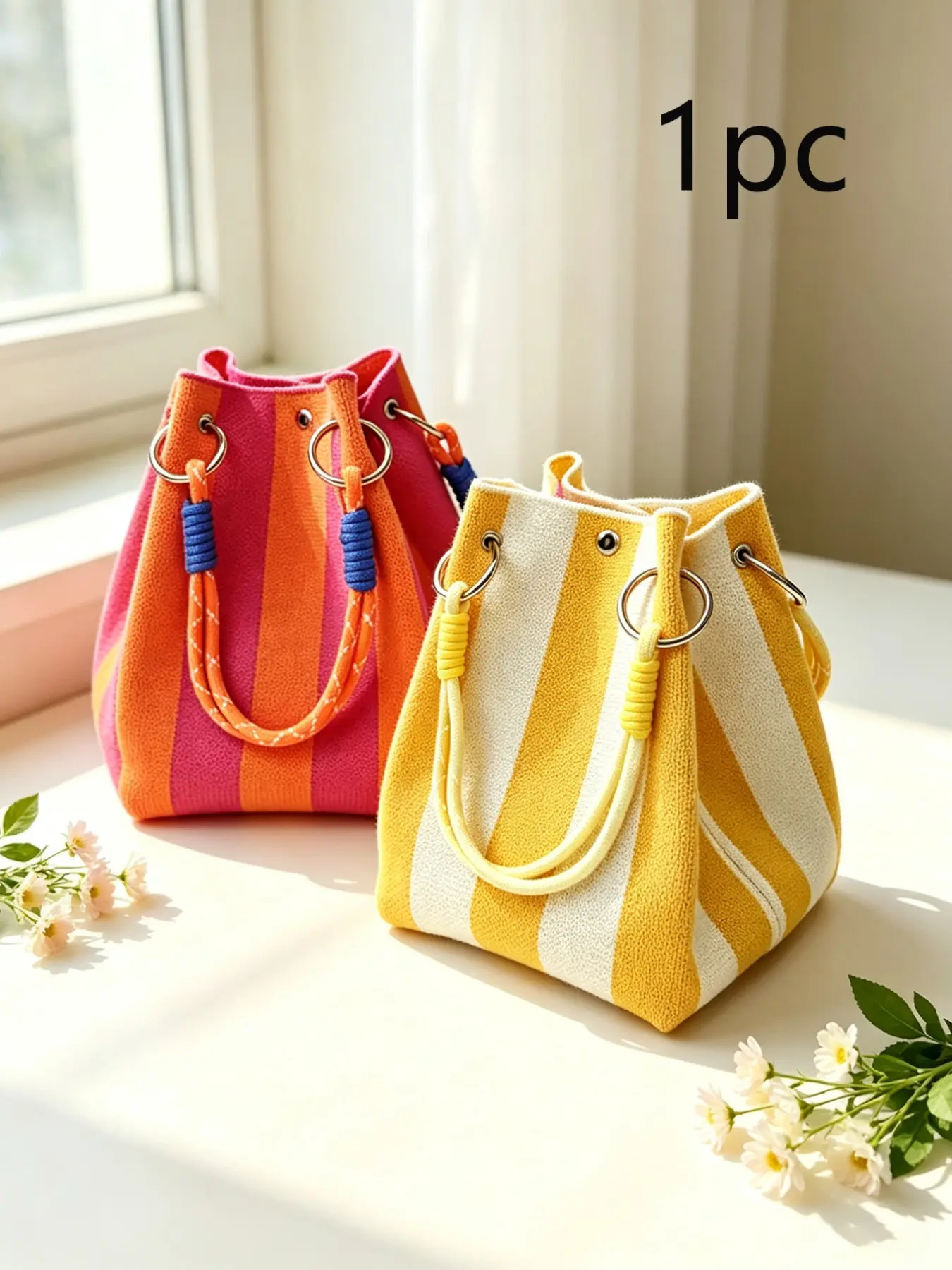 Striped Mini Bucket Handbag, Cute Casual Woven Crossbody Tote, Lightweight Knit Fabric, Perfect for Daily Use, Beach, Travel, Office
