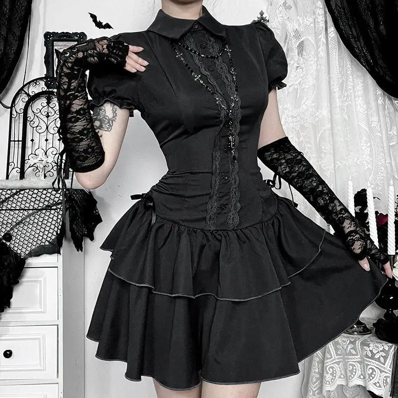 American Gothic Dark Y2K Vintage Dress Women Aesthetic Streetwear Harajuku Grunge Lace Patchwork High Waist Bow Party Dress 2025
