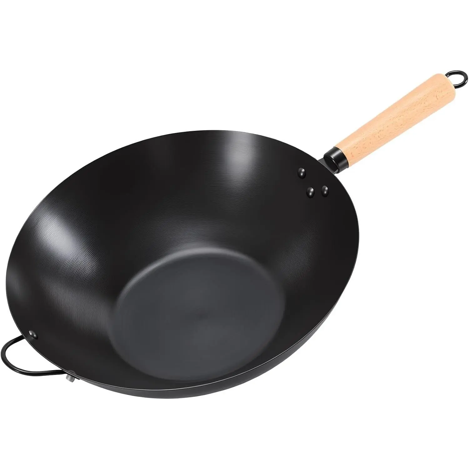 13.5" Carbon Steel Wok Pan, No Chemical Coating, Pre-Seasoned Flat Bottom Pow Wok for Family Meals and Camping, Compatible with Induction, Electric, Gas, Open Fire, Black