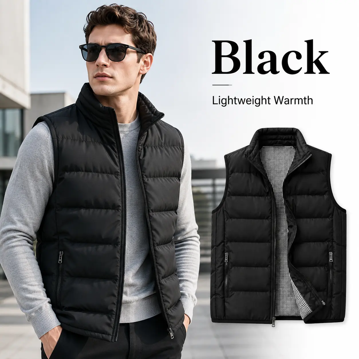 Men’s Winter Quilted Puffer Vest – Lightweight Warm Sports Gilet with Stand Collar, Windproof Zip-Up Design & Zipper Pockets for Training, Running, Hiking & Daily Wear