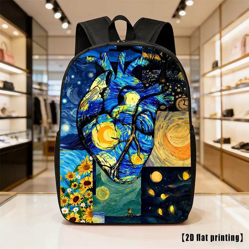 Unisex Polyester Waterproof Retro Preppy Backpack with Van Gogh's Starry Night Design - Lightweight, Large Capacity, Adjustable Shoulder Straps, Side Pockets, Ideal for School & Commuting