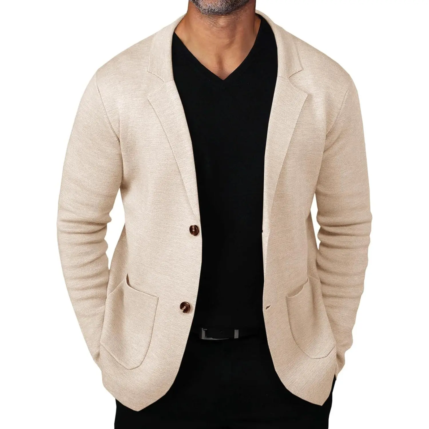 Mens Cardigan Sweater Knit Blazer Suit Jacket Casual Two Button Lightweight Sport Coat with Pockets