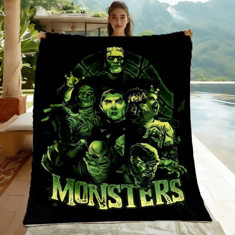 Universal Classic Monsters Green Tint Collage Throw Blanket, Multiple Sizes Available, 2D Flat Digital Printing, Durable Wrinkle-Resistant Fabric, Skin-Friendly and Lightweight, Suitable for All Seasons for Air-Conditioned Rooms/Sofas/Office Naps/Home