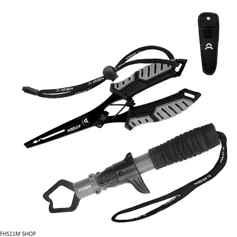 Stainless Steel Fishing Pliers and Fish Lip Gripper, 2-Piece Fishing Tackle Set with Non-Slip Rubber Grip, Lanyard, and Sheath for Freshwater and Saltwater, Angling