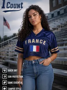 KTYSDE Women's Printed Cropped Soccer Jersey, Soccer Shirt, USA Brazil Argentina Mexico England Germany France Spain Portugal Italy Netherlands Japan South Korea, V Neck Mesh Short Sleeve Casual Streetwear Crop Top for Soccer Fans Game Day Daily Wear
