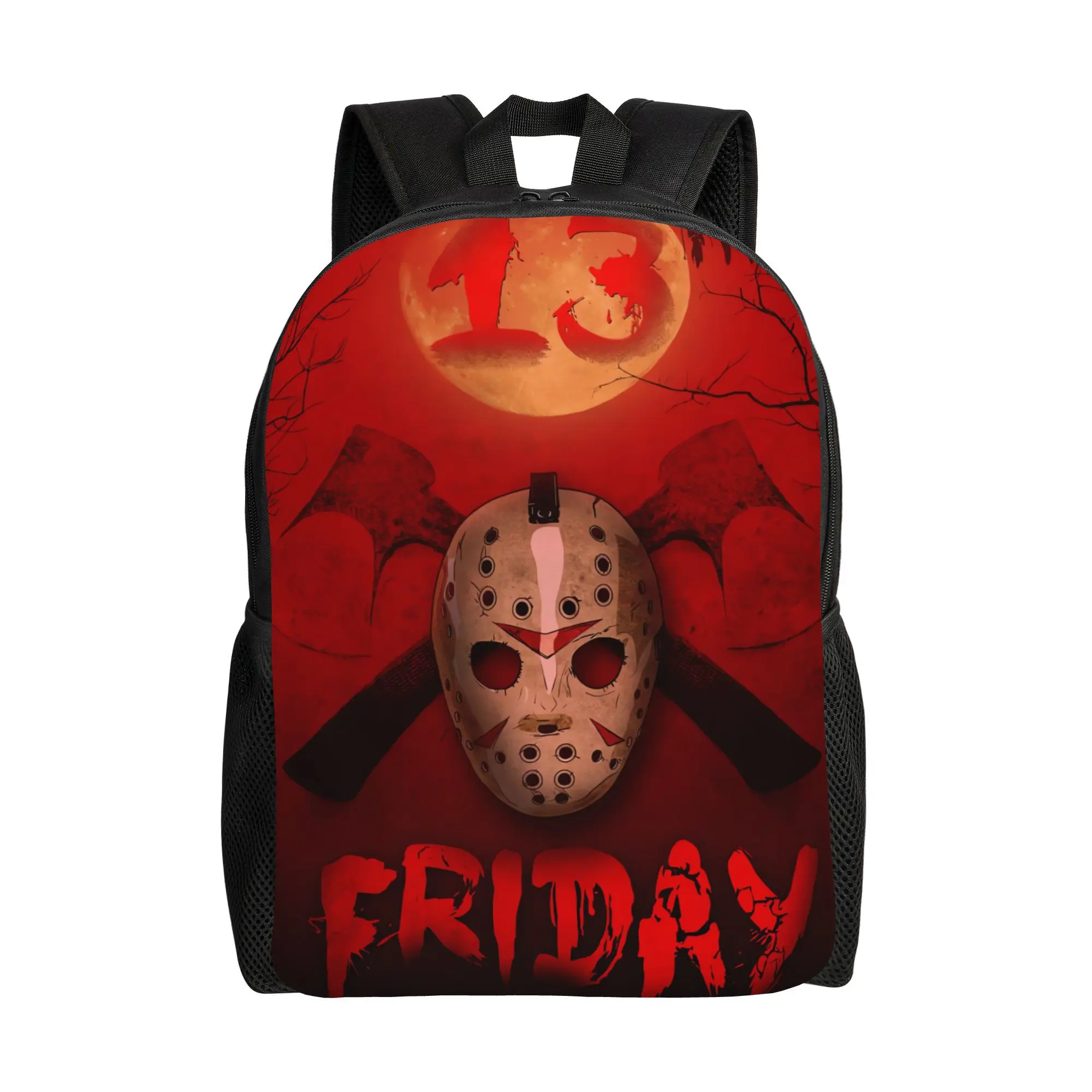 Friday The 13th Jason Voorhees Red Blood Moon Horror Backpack, Bloody Hockey Mask Machete Spooky Halloween Daypack, 600D Oxford Lightweight School Bag Padded Straps Fits 15-inch Laptop, Side Mesh Pockets Washable Backpack for Classic Slasher Horror Movie