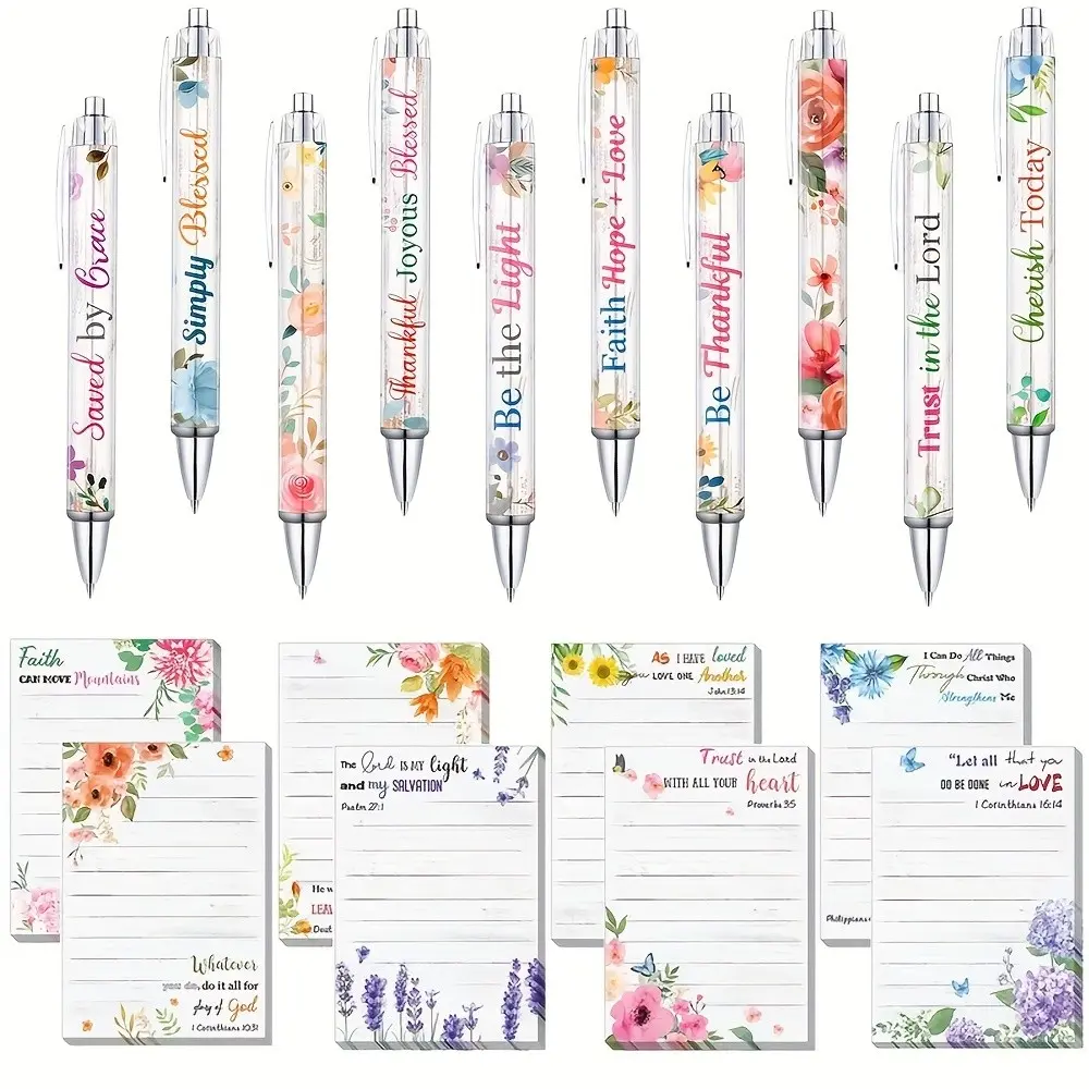 18-Piece Christian Gift Set, Bible Verse Ballpoint Pen and Sticky Notes, Non-Toxic Plastic, Retractable Tip, Floral Design, Inspirational Quotes, Unisex