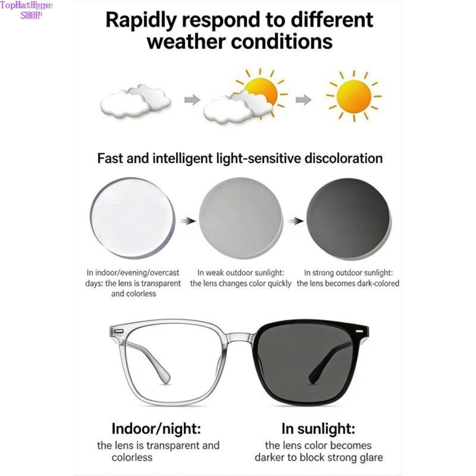 New Trendy Photochromic Myopia Glasses, Square Thick Black Frame for Men & Women, Flattering Slim Face Design, Blue Light Blocking Prescription Eyewear