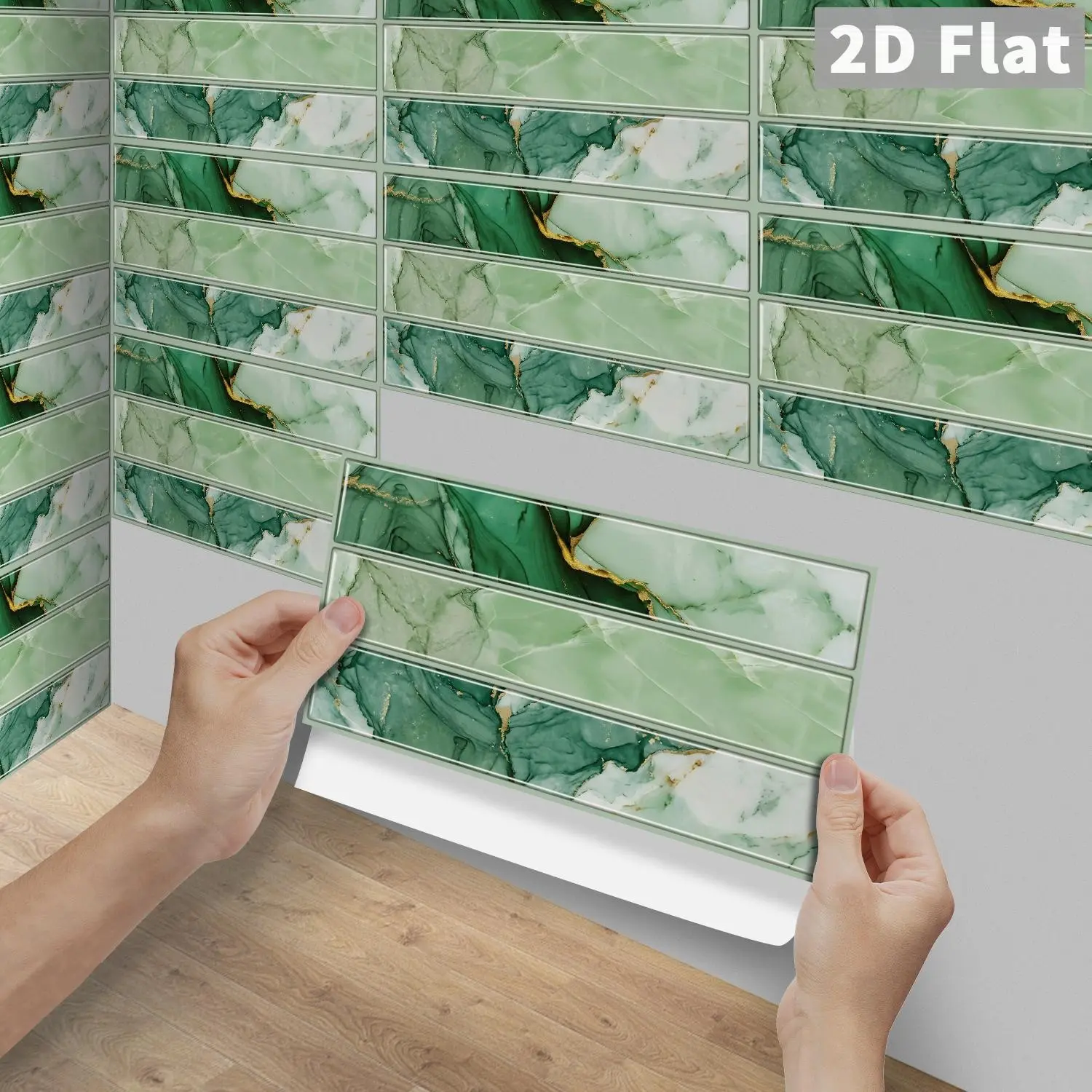 6/12/24/48Pcs FG Vintage Tile Stickers, PVC Crystal Film Green Gold Vein Long Strip Marble Texture, Peel and Stick Backsplash, DIY Self-Adhesive Waterproof Oilproof Wall Tiles, Decor for Kitchen, Bathroom, Tile & Wood Surfaces