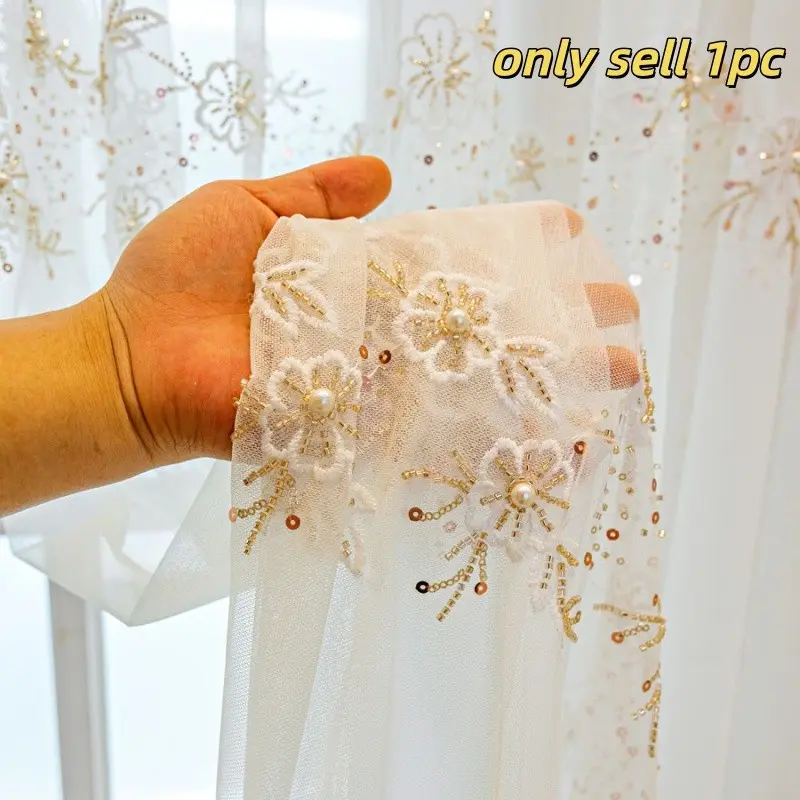 Elegant Beaded Embroidered Sheer Curtain, 3D Floral Applique with Pearl Center, Sequin Voile Panel, Luxury Window Treatment, Home Decorative Curtain, Window Curtains