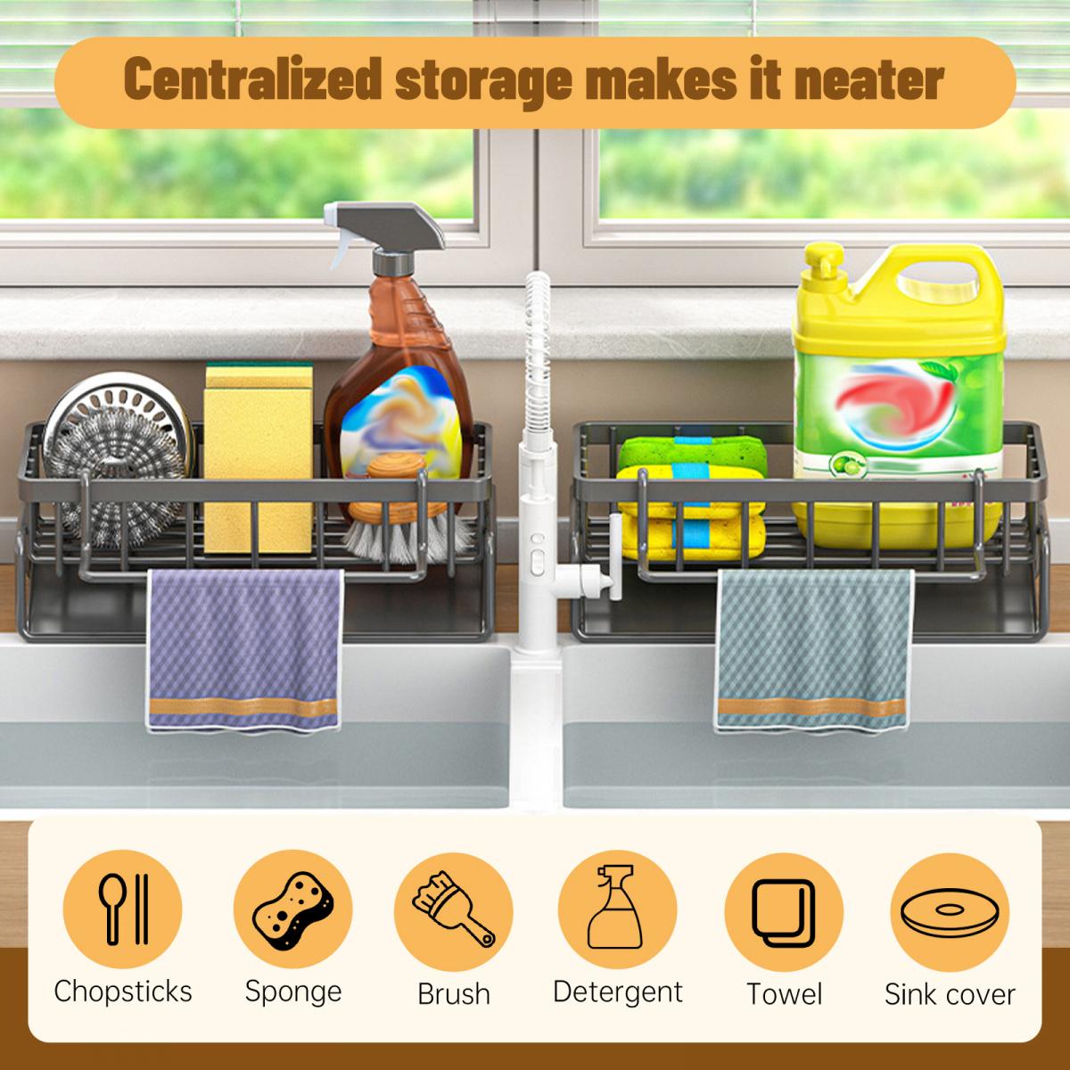 Kitchen Sink Storage Rack with High Brush & Sponge Holder Automatic Drainage System Durable Carbon Steel Ergonomic Partition Hollow Design Removable Water Tray for Sinks Countertops