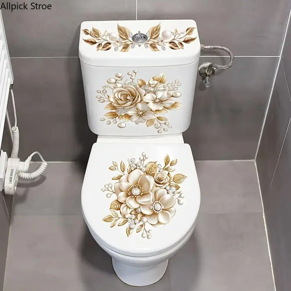 3-Piece Bathroom Toilet Tank Stickers Set, Floral PVC Self-Adhesive Decorative Decals, Matte Finish Irregular Shape Luxury Design, Bathroom Essentials Accessories