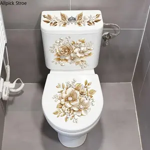 3-Piece Bathroom Toilet Tank Stickers Set, Floral PVC Self-Adhesive Decorative Decals, Matte Finish Irregular Shape Luxury Design, Bathroom Essentials Accessories