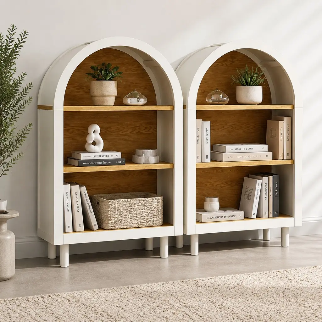 ARCH 2-Piece Sturdy Arched Small Multi-Layer Storage Bookshelf, 3-Tier Contemporary Open Shelf Unit, White Oak Woodgrain Engineered Wood, 47.30 lb per Unit, Assembly Required, Wipe Clean with Dry Cloth, 23.6"Wx9.5"Dx37.4"H, for Living Room, Home Library