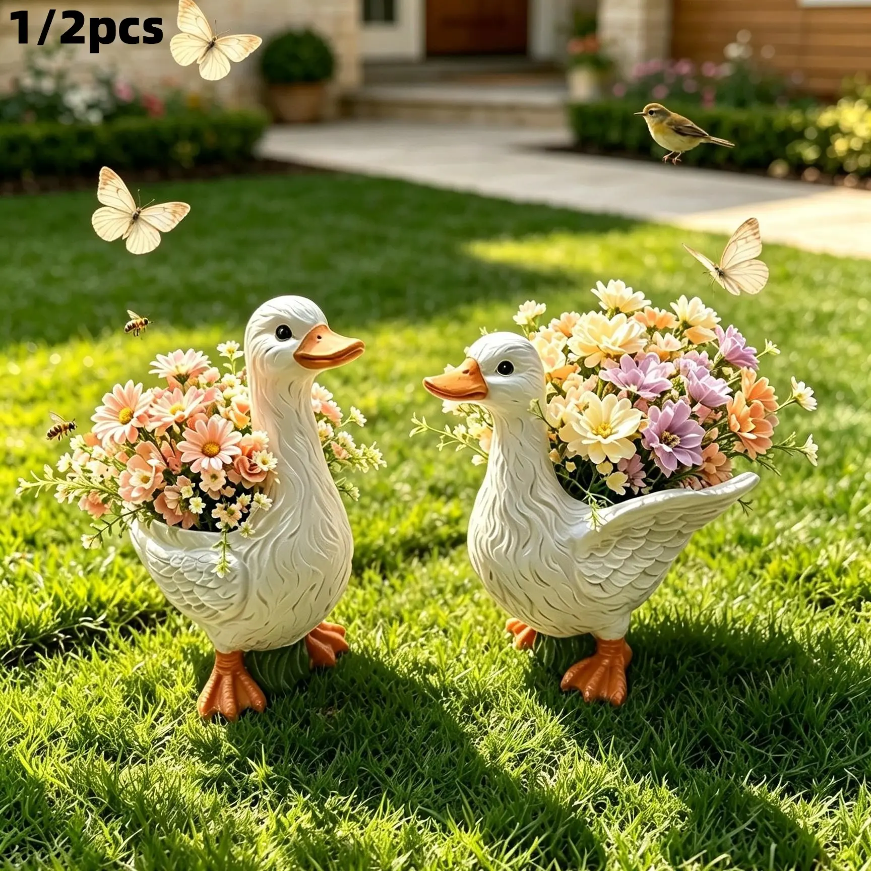 Resin Duck Planter, Indoor Outdoor Decor, Lightweight Sculpture, Ideal for Herbs Cacti, Perfect for Garden Balcony Table, Great Gift