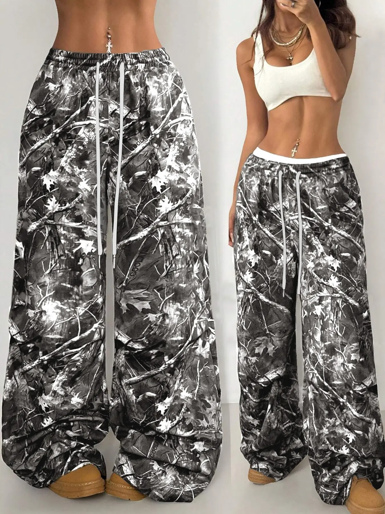 Women's Maple Leaf Camo Sweatpants, High Waist Elastic Drawstring Wide Leg Pants, Streetwear for Skateboarding, Hip Hop, Daily Wear