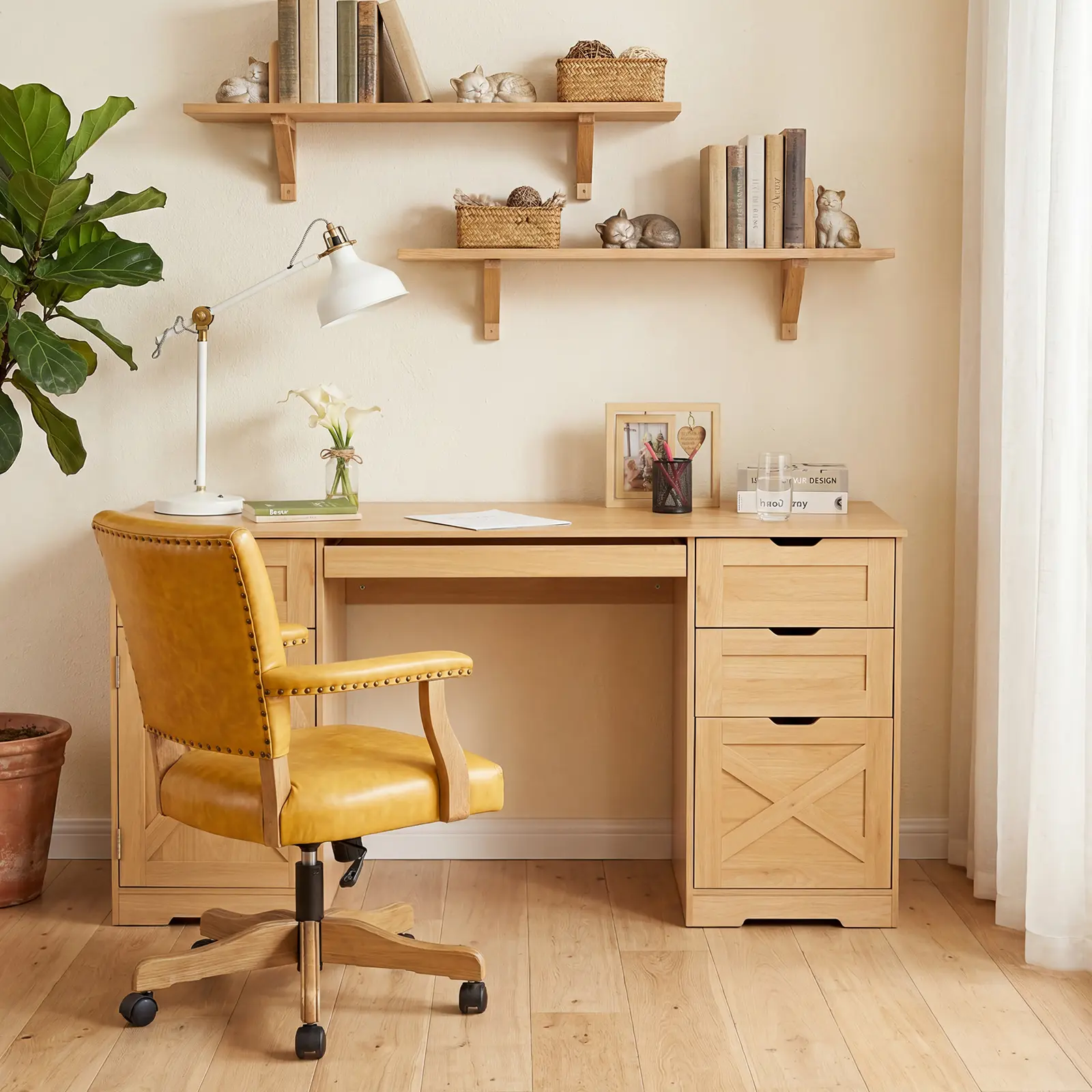Farmhouse Executive Office Desk 59 Inch – 4 Storage Drawers, Charging Station, Keyboard Tray, Adjustable Shelves, Wooden Computer Desk