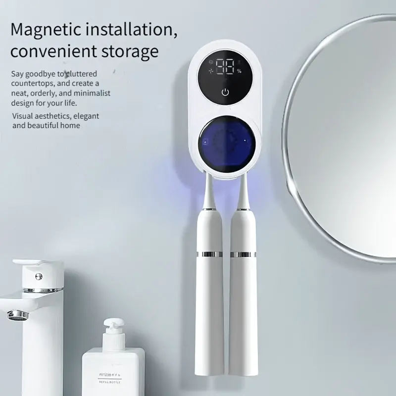 Magnetic Wall-Mounted Electric Toothbrush Holder with UV Sterilization and Digital Display, UV Toothbrush Sanitizer, Rechargeable Toothbrush Storage Organizer, UV Toothbrush Holders for Bathrooms to Keep Countertops Tidy