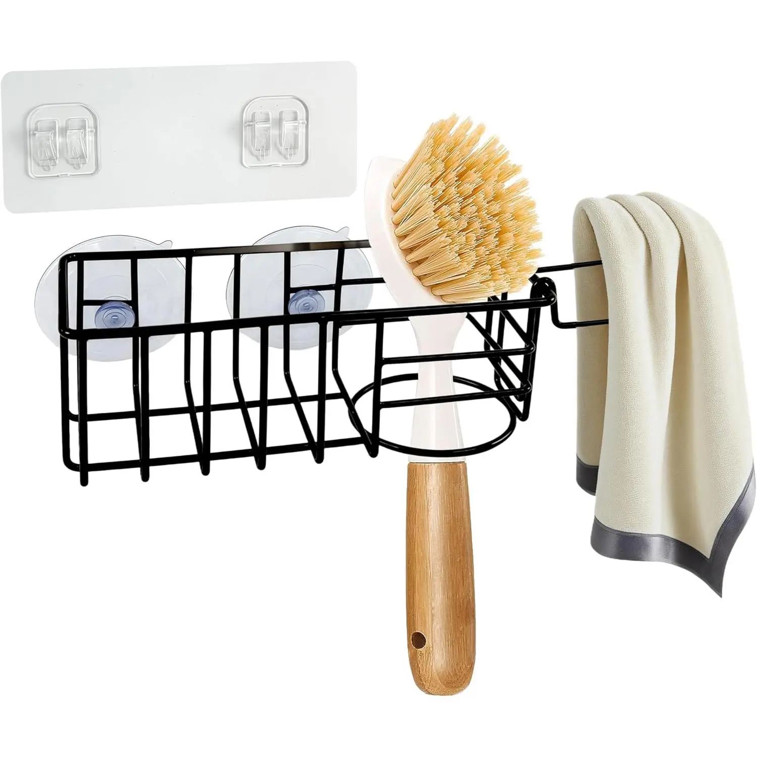 Stainless Hollow In-Sink Kitchen Sink Sponge Holder with Dish Cloth Hanger, Durable Rustproof Organizer for Soap & Brush, Easy Installation with Suction Cups - Adhesive Strips, Black for Daily Use, Functional, Kitchen Utility, Smooth, Traditional