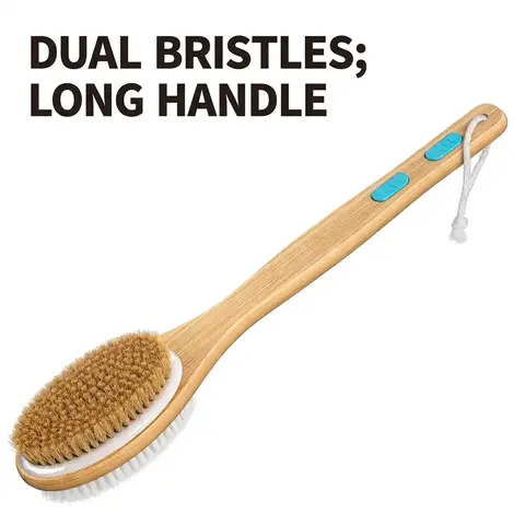 Wooden Shower Brush with Soft & Stiff Bristles, 1 Count Bath Dual-sided Long Handle Back Scrubber, Body Scrubber for Wet & Dry Brushing, Exfoliating Tool, Body Wash Scrubber