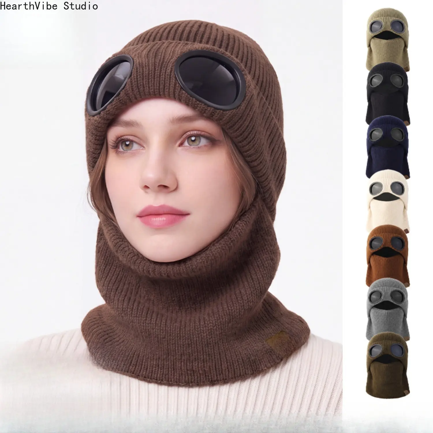 Goggle Balaclava Knit Beanie Hat with Glasses, Winter Warm Neck Warmer Balaclava, Thermal Windproof Skiing Cap for Men Women, Fleece Lined Knitted Skull Hat, Outdoor Cycling Sports Slouchy Mask
