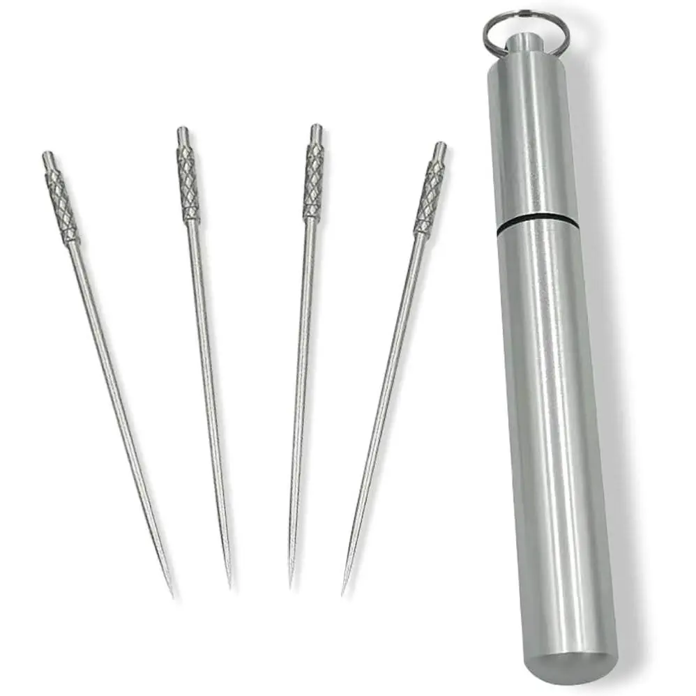 4 Pieces Titanium Toothpicks Set With Stainless Toothpick Holder for Keychain-Portable Outdoor Non-Toxic Reusable Toothpicks- Ideal for Camping, Fruit Picks,Pill Container- Great Christmas Giveaways