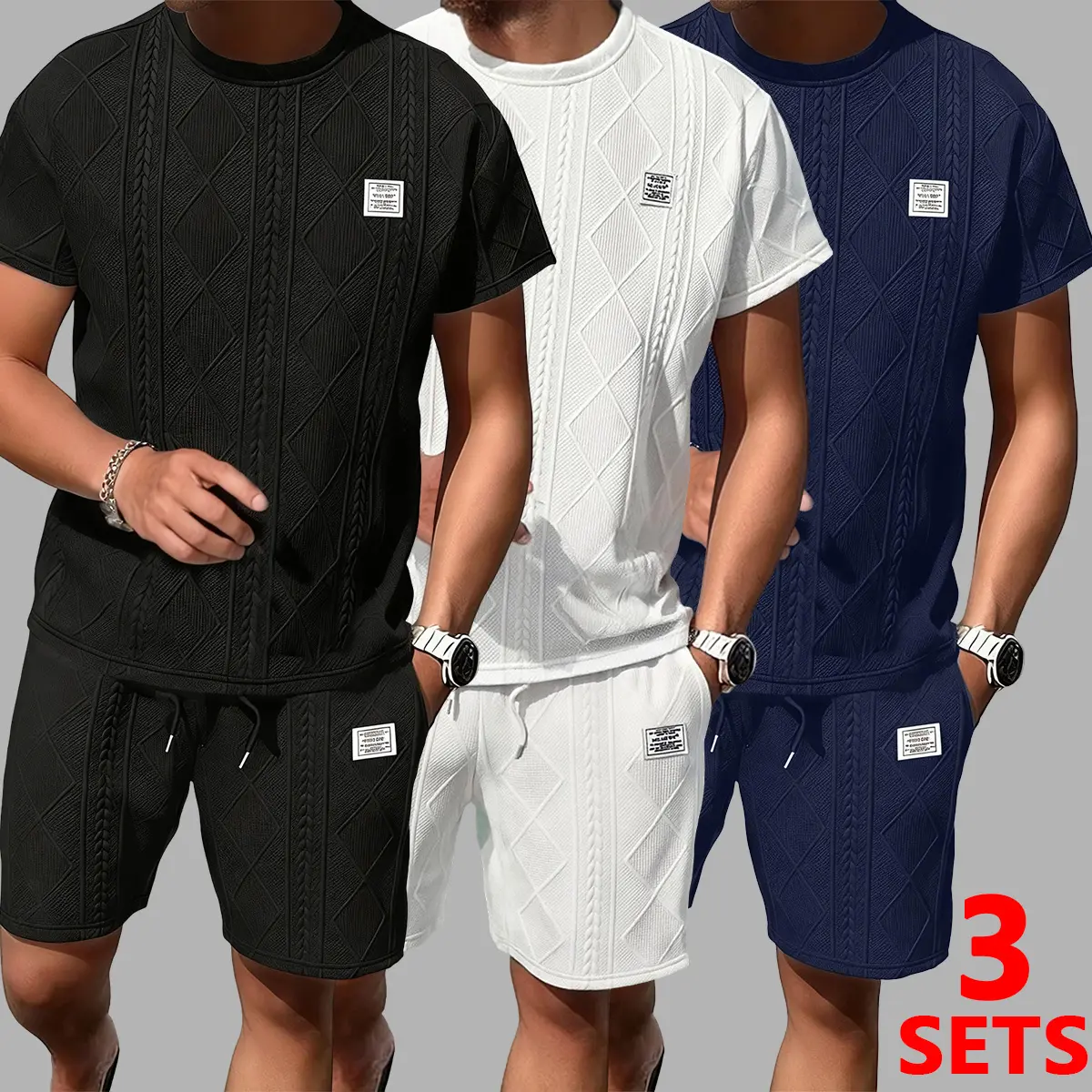 Men's Casual 2-Piece Shorts Set (M) - Textured Cable Knitted Matched Top+Shorts, Round Neck Cool Short Sleeves T-Shirt, Drawstring Breathable Fabric, Preppy Basics, Fitted, Sweat-Free for Lounging, Outdoor, Textured Detail