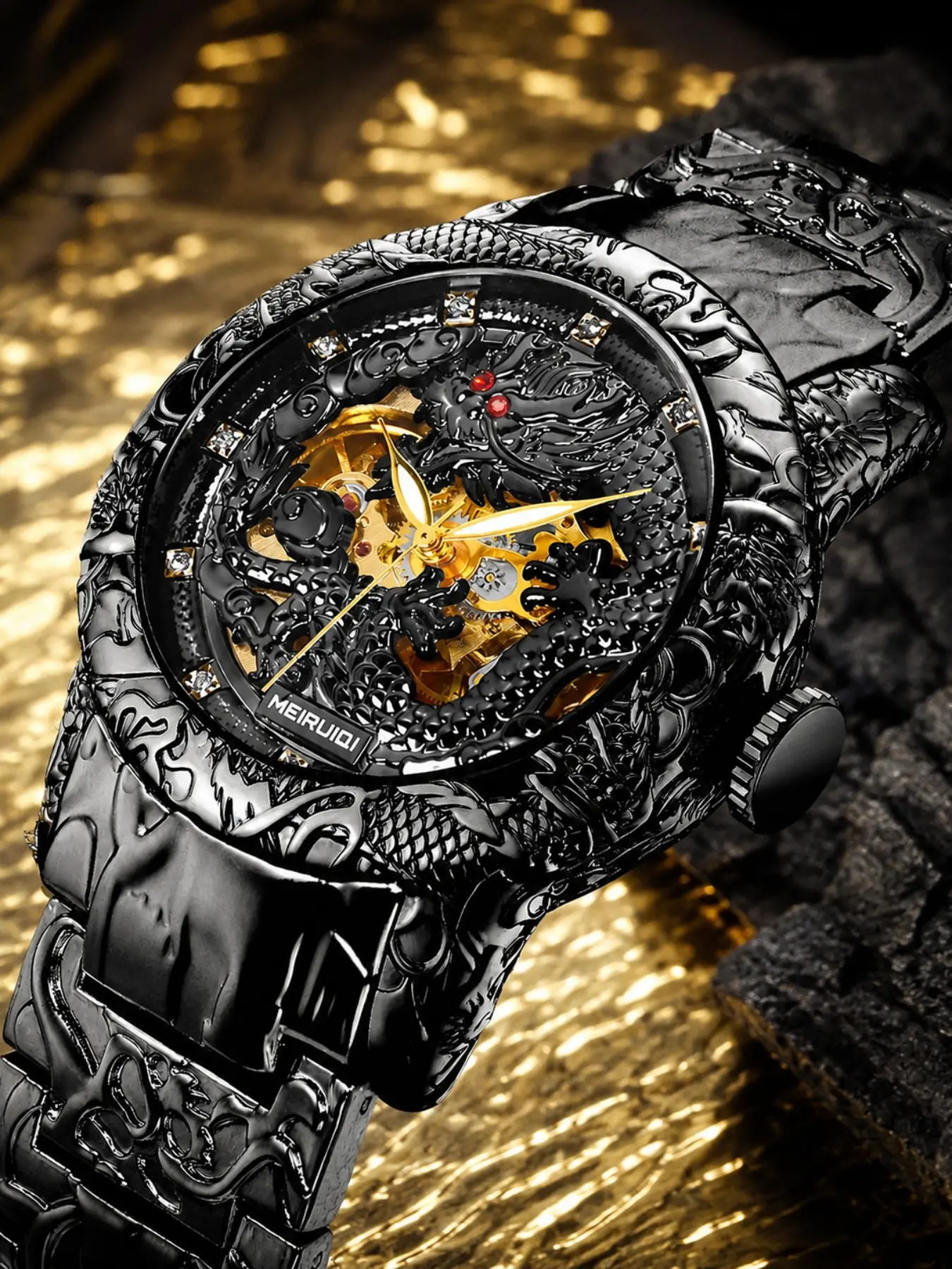 Men's Mechanical Watch with Dragon Design, Stainless Steel Band, Waterproof, Analog Round Face, All-Season Wear, Unique Craftsmanship, Analog Mechanical Watches