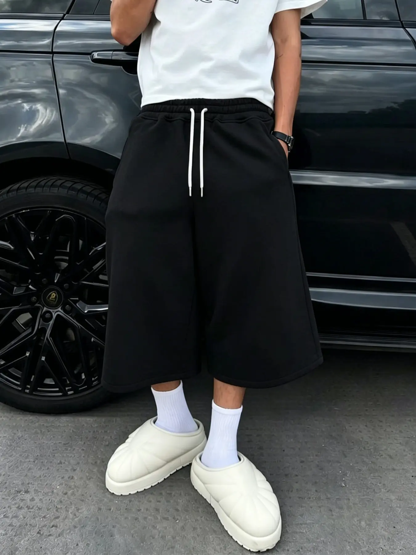 Men's Fashion Street Style Casual Sweatpants, Loose-Fit Six-Quarter Length, Comfortable Breathable Fabric, Premium Solid Color for Daily Wear
