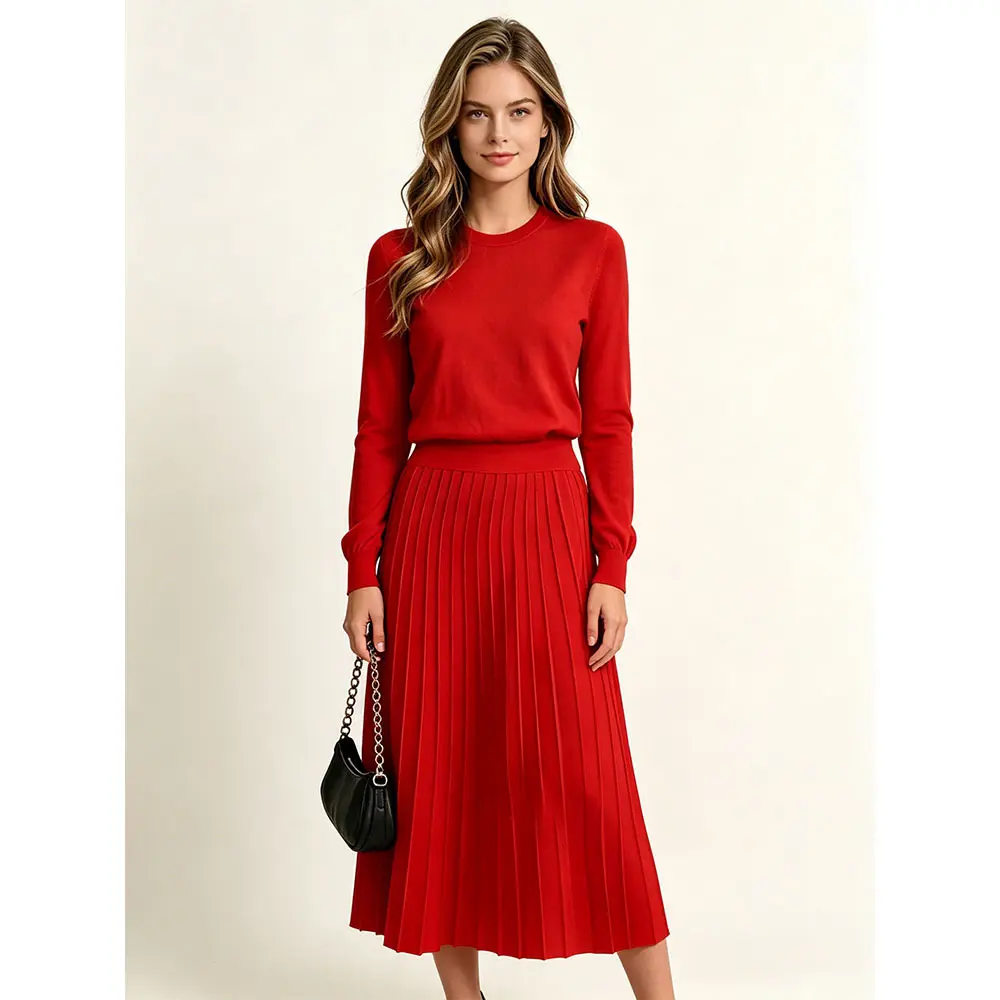 Women’s French-Inspired Wool-Blend Knit Two-Piece Set, Crew Neck Long Sleeve Sweater and High-Waisted Pleated Midi Skirt, Elegant Fall Winter Outfit