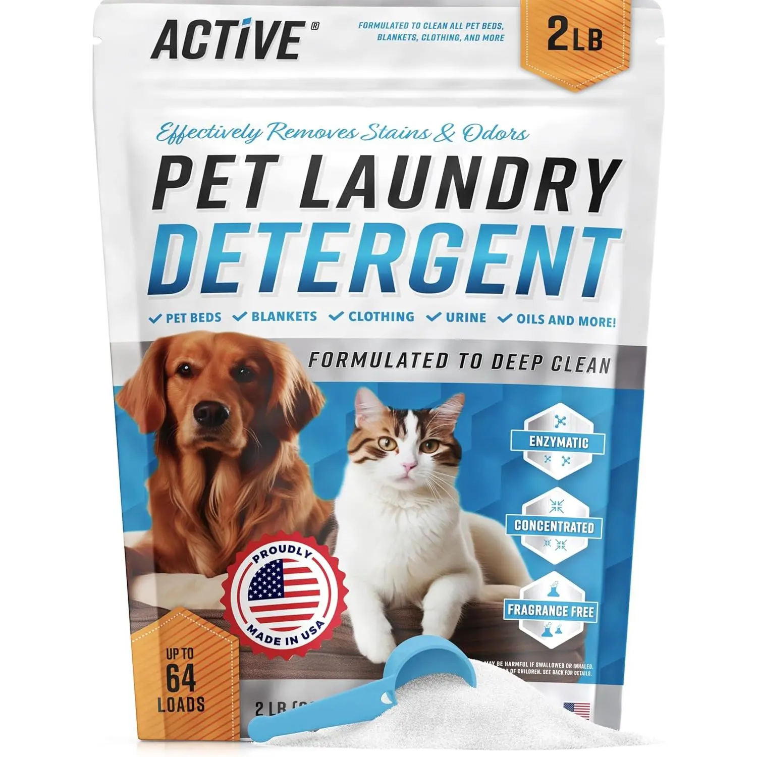 Pet Laundry Detergent Odor Remover - Enzyme Based Powder Detergent for Dogs Beds, Cat Pee, HE Washer Friendly Natural Enzymatic Deodorizer, Urine, Smell, Dog Drool, Stain Eliminator - 64 Loads
