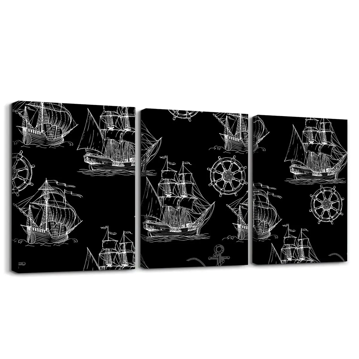 2D flat posters and paintings 2D flat wall decoration 2D flat 3-piece set Jejeloiu Nautical Themed Canvas Wall Decor Children's Sailboat Print Wall Decoration, suitable for home bathrooms, youth marine anchor and rudder office work posters, black and whit