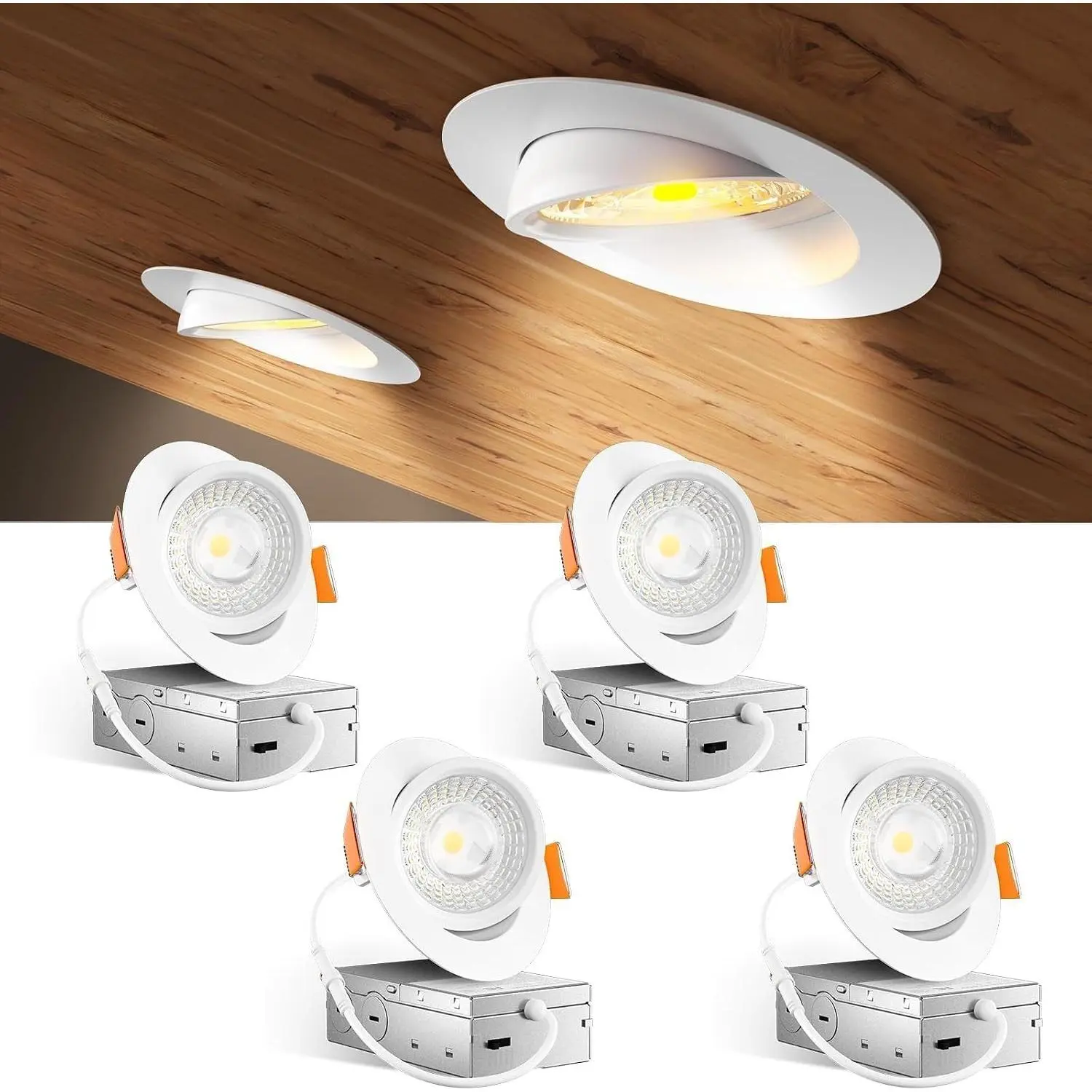 4 Pack 4 Inch 5CCT Gimbal LED Recessed Lighting, 360°&90° Adjustable Eyeball Directional Downlight, Dimmable, 2700K/3000K/3500K/4000K/5000K Selectable, CRI90+ 9W 700LM, ETL&FCC