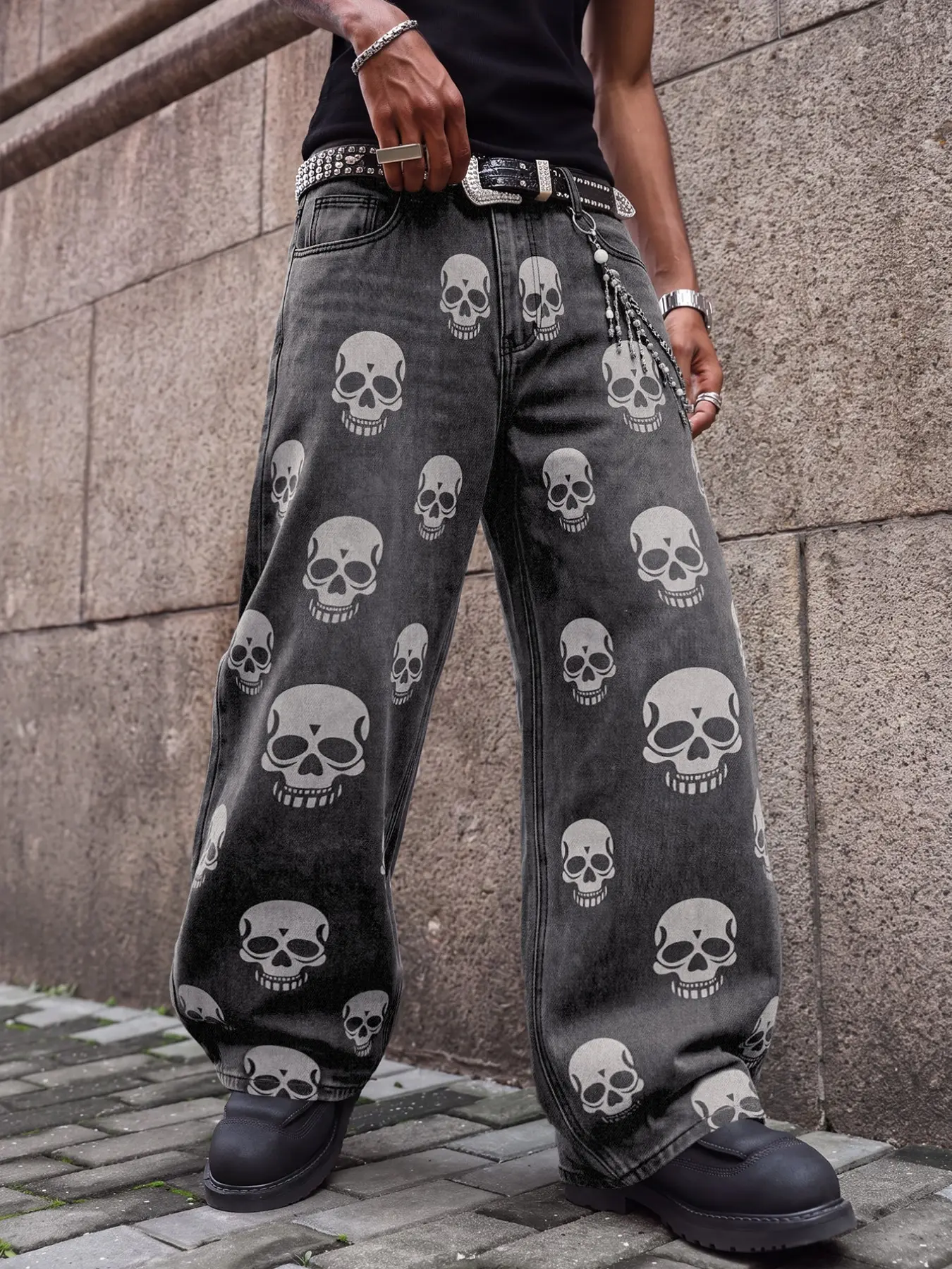 Men's Skull Print Loose Wide Leg Jeans, Retro Washed Denim, Casual Y2K Style, Floor Length, All Seasons, No Belt Included