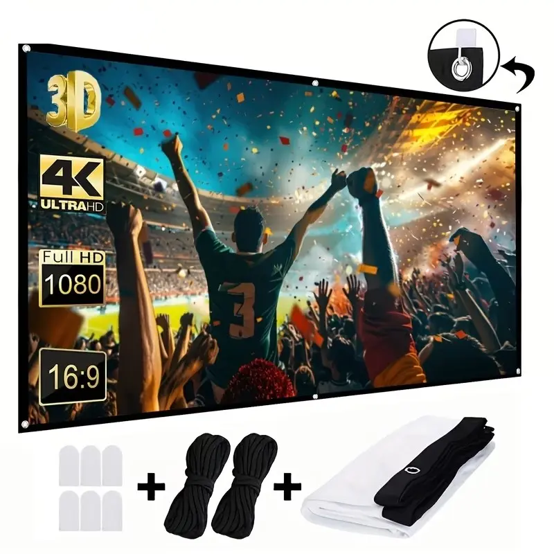150 Inch 16:9 Full HD Projection Screen, Foldable Anti-Wrinkle Portable Movie Screen, Manual Pull Down for Home Cinema, Indoor & Outdoor Use