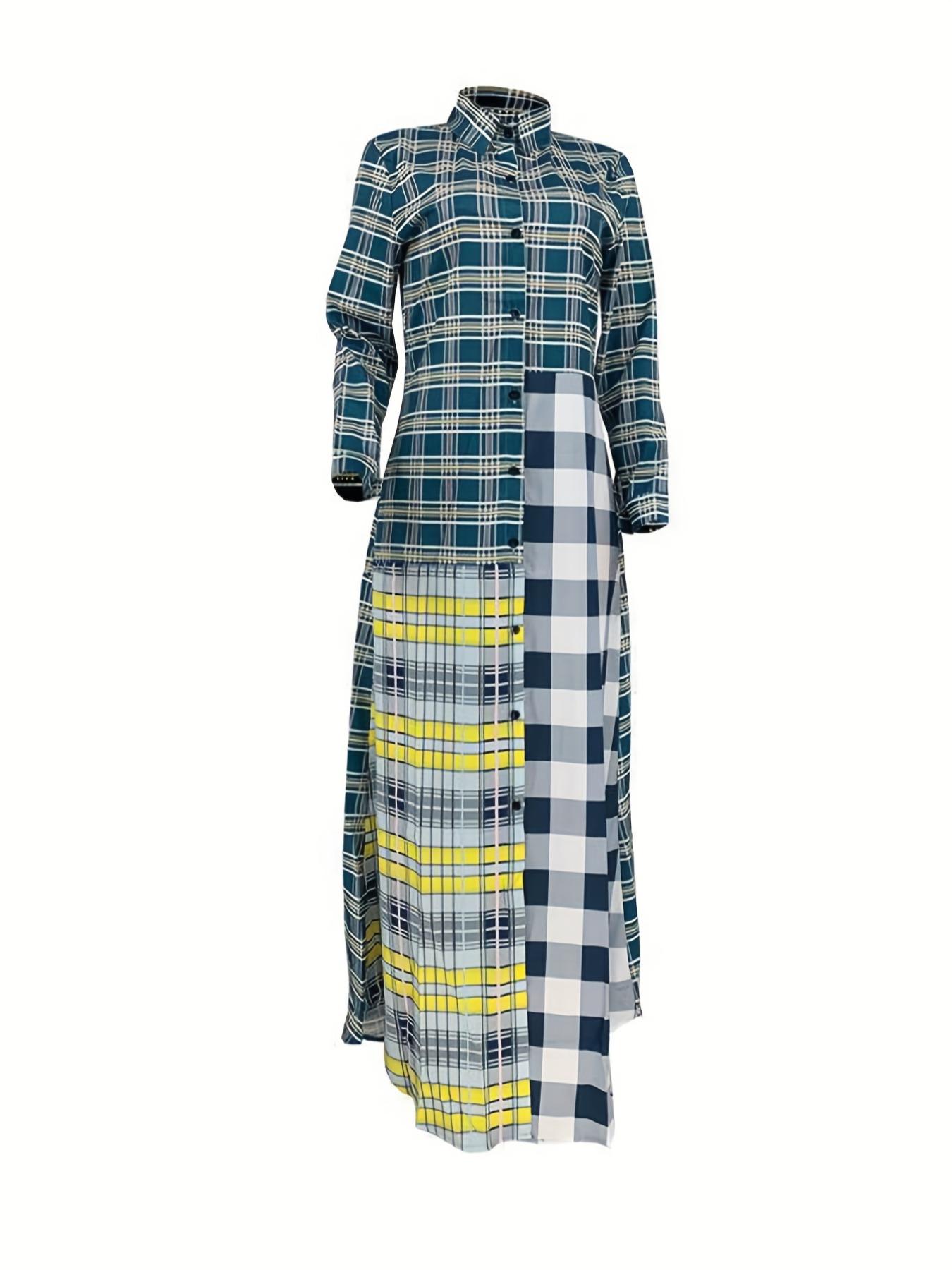 Women's Plaid Print Button Front Longline Shirt, Casual Patchwork Long Sleeve Collared Outerwear for Fall & Winter, Ladies Clothes for Daily Wear, Casual Classy Fashion